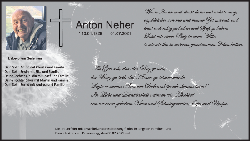 Traueranzeige von Anton Neher von Günzburger Zeitung