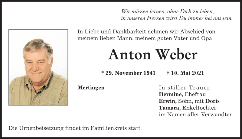 Traueranzeige von Anton Weber von Donauwörther Zeitung