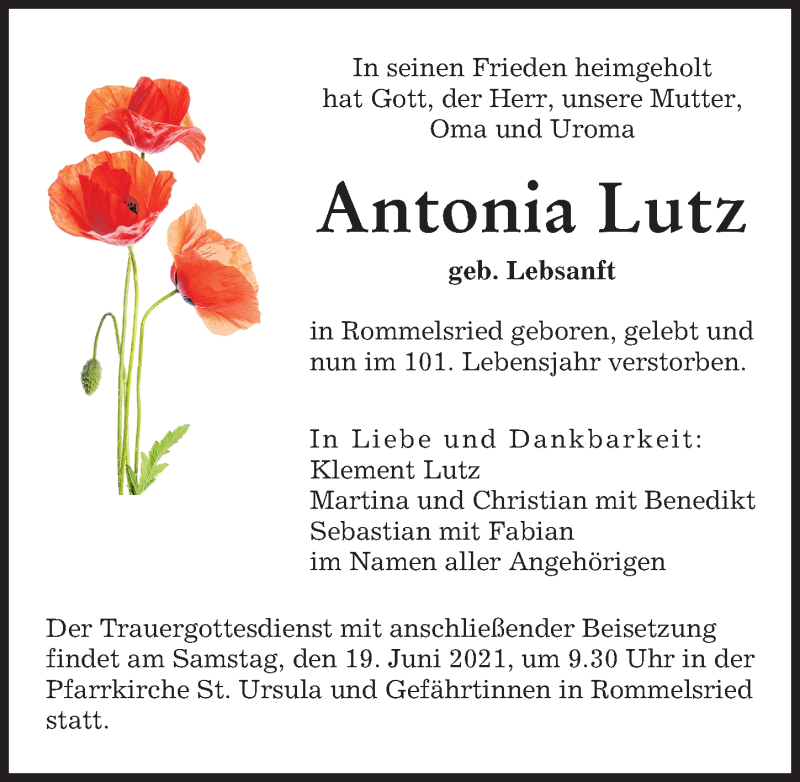 Traueranzeige von Antonia Lutz von Augsburger Allgemeine