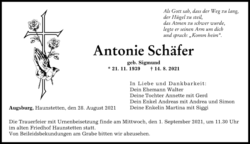 Traueranzeige von Antonie Schäfer von Augsburger Allgemeine