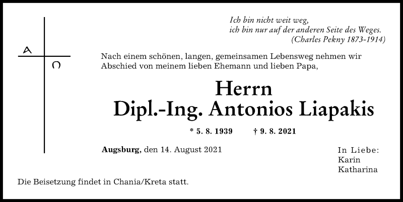 Traueranzeige von Antonios Liapakis von Augsburger Allgemeine