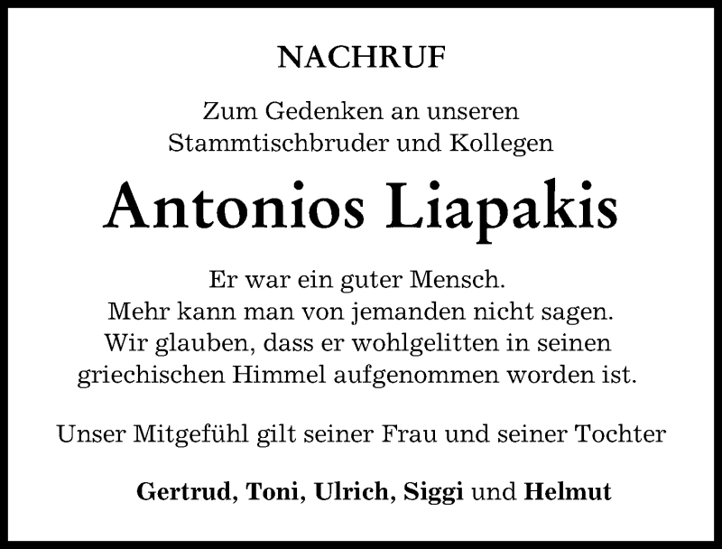 Traueranzeige von Antonios Liapakis von Augsburger Allgemeine