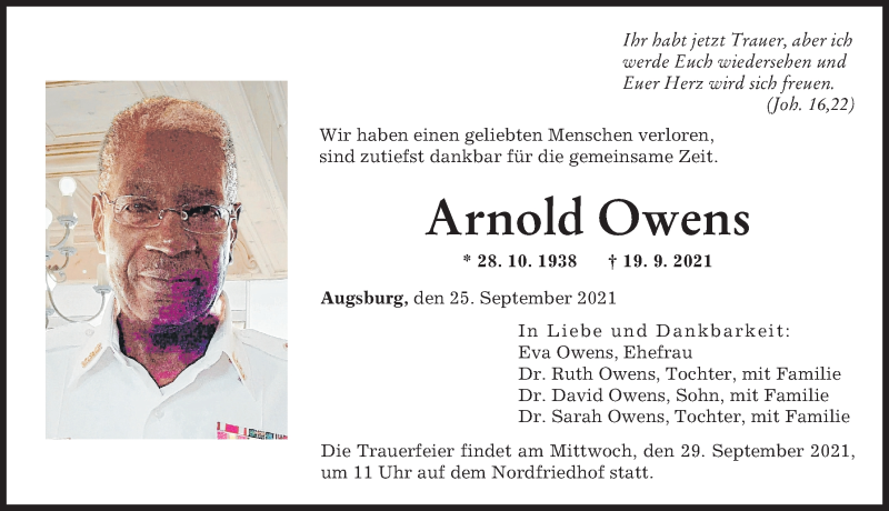  Traueranzeige für Arnold Owens vom 25.09.2021 aus Augsburger Allgemeine