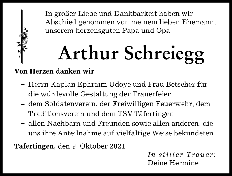 Traueranzeige von Arthur Schreiegg von Augsburger Allgemeine