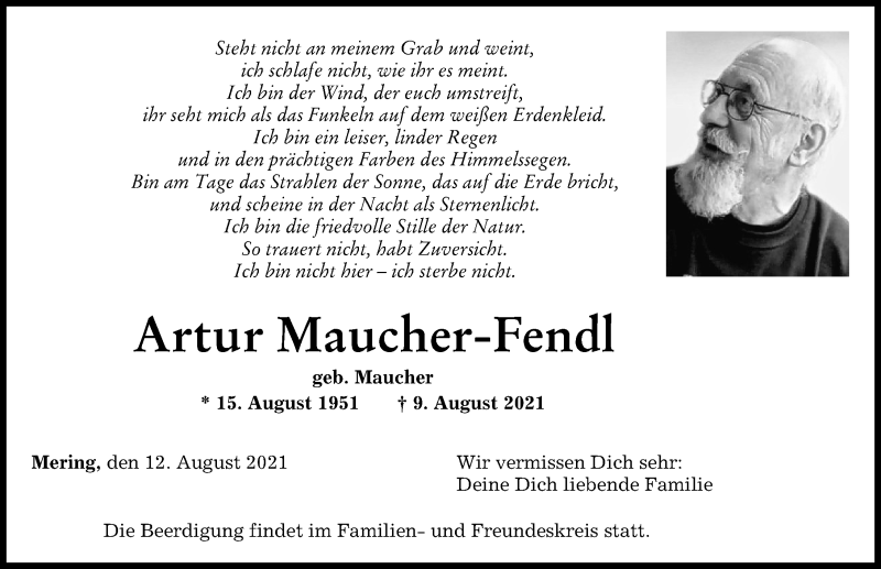 Traueranzeige von Artur Maucher-Fendl von Augsburger Allgemeine