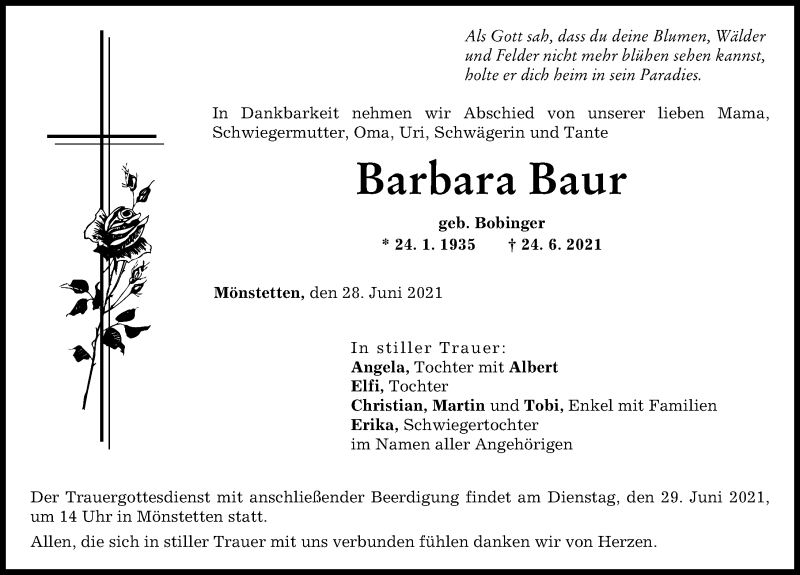 Traueranzeige von Barbara Baur von Günzburger Zeitung