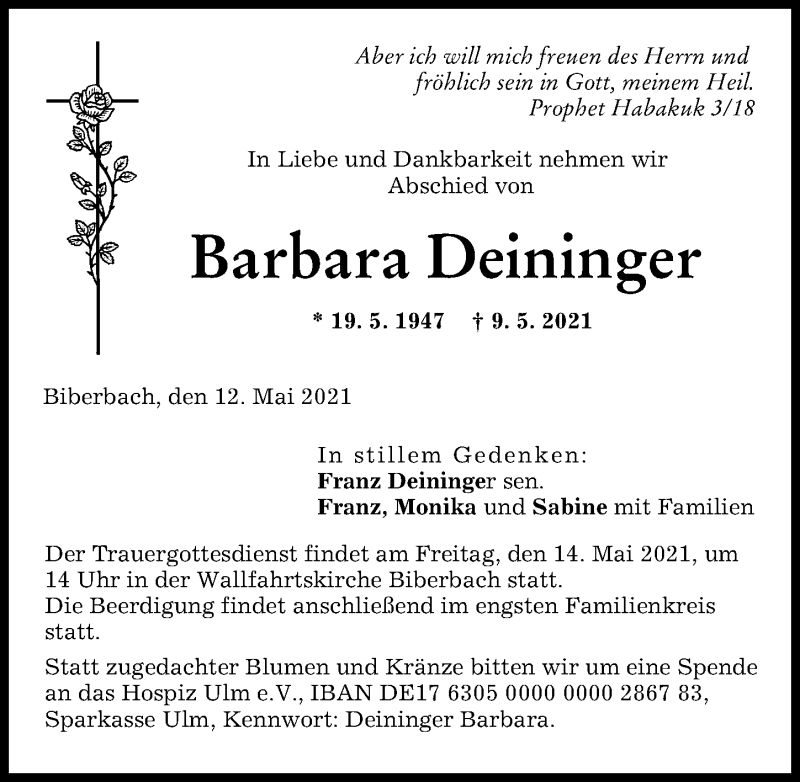 Traueranzeige von Barbara Deininger von Wertinger Zeitung, Augsburg-Land