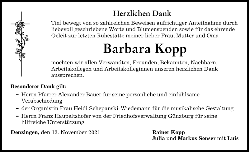 Traueranzeige von Barbara Kopp von Günzburger Zeitung