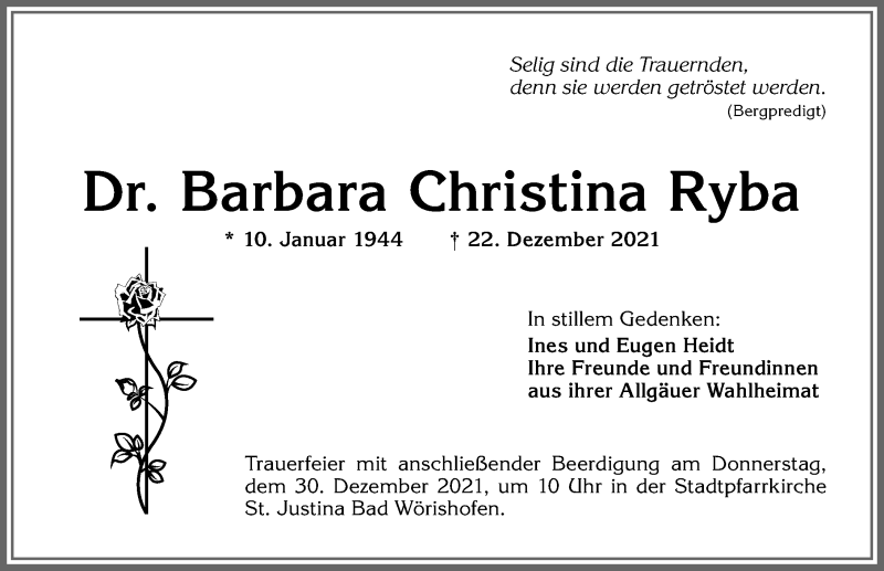 Traueranzeige von Barbara  Ryba von Mindelheimer Zeitung