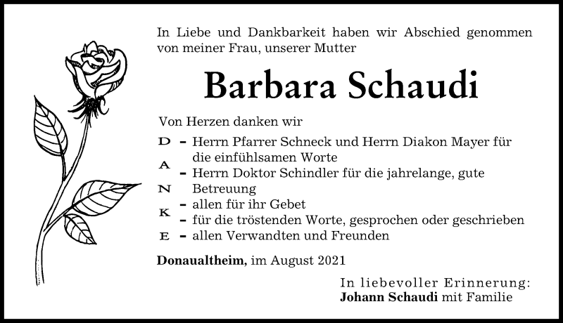 Traueranzeige von Barbara Schaudi von Donau Zeitung