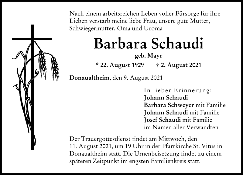 Traueranzeige von Barbara Schaudi von Donau Zeitung