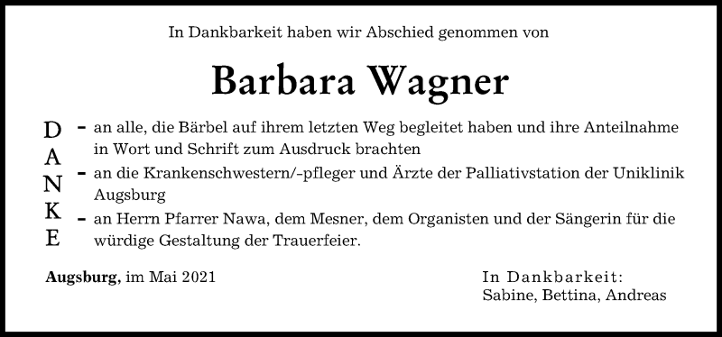 Traueranzeige von Barbara Wagner von Augsburger Allgemeine