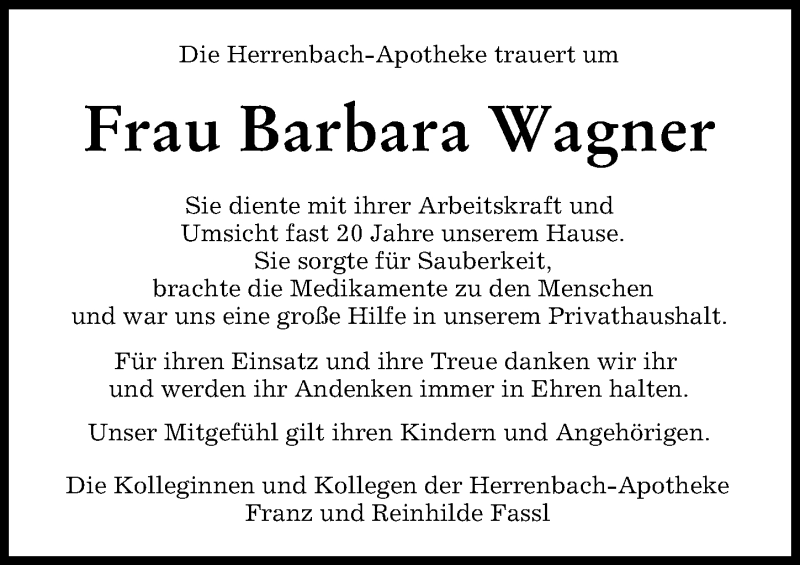 Traueranzeige von Barbara Wagner von Augsburger Allgemeine