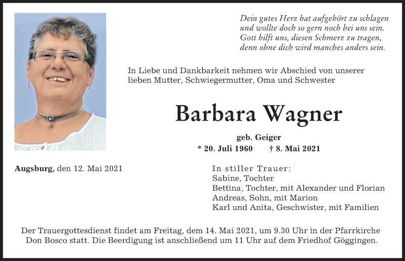 Traueranzeige von Barbara Wagner von Augsburger Allgemeine