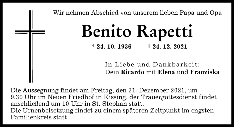 Traueranzeige von Benito Rapetti von Augsburger Allgemeine