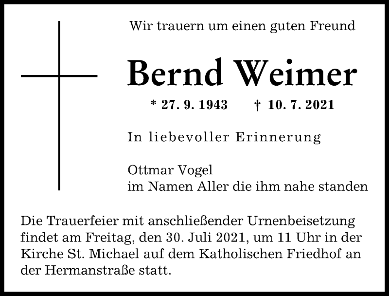 Traueranzeige von Bernd Weimer von Augsburger Allgemeine