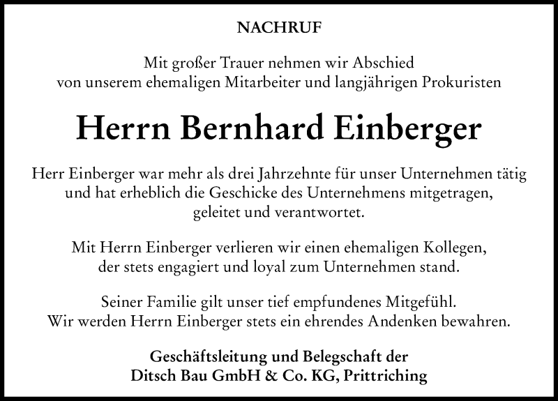 Traueranzeige von Bernhard Einberger von Augsburger Allgemeine, Landsberger Tagblatt