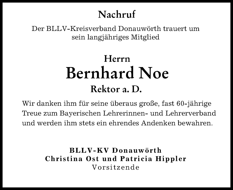 Traueranzeige von Bernhard Noe von Donauwörther Zeitung
