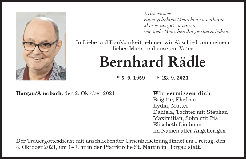  Traueranzeige für Bernhard Rädle vom 02.10.2021 aus Augsburger Allgemeine