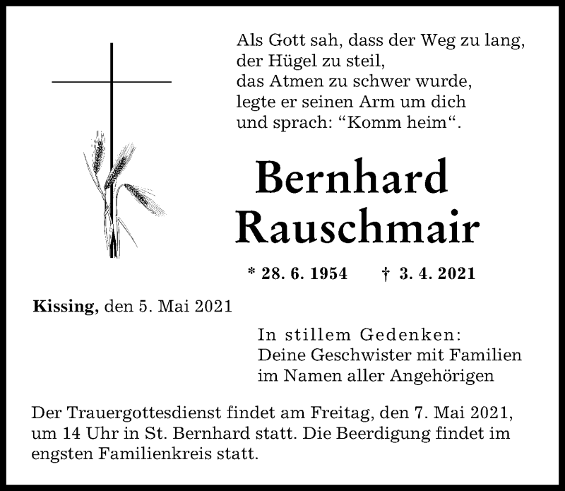  Traueranzeige für Bernhard Rauschmair vom 05.05.2021 aus Friedberger Allgemeine