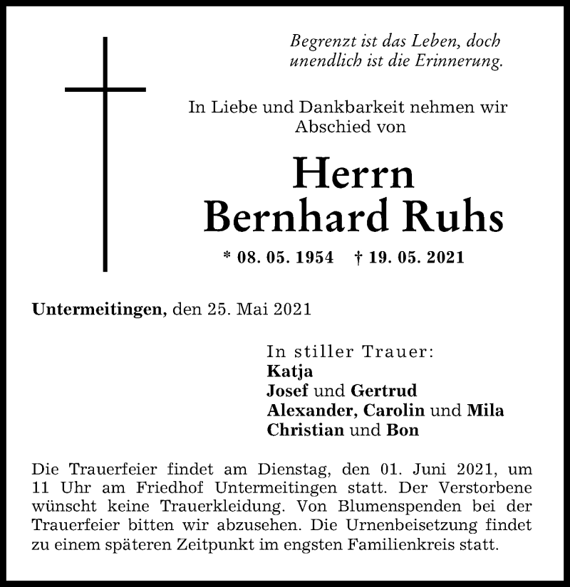 Traueranzeige von Bernhard Ruhs von Schwabmünchner Allgemeine