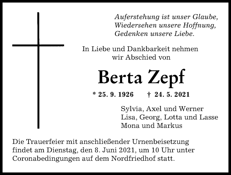 Traueranzeige von Berta Zepf von Augsburger Allgemeine