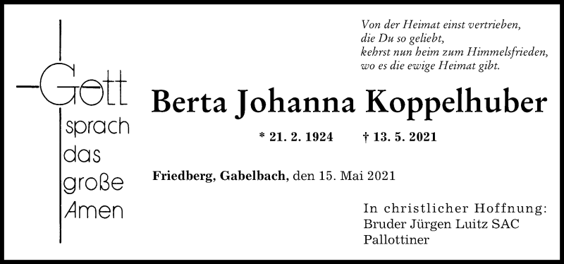 Traueranzeige von Berta Johanna Koppelhuber von Augsburg-Land