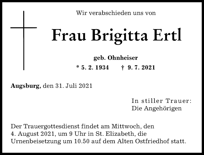 Traueranzeige von Brigitta Ertl von Augsburger Allgemeine