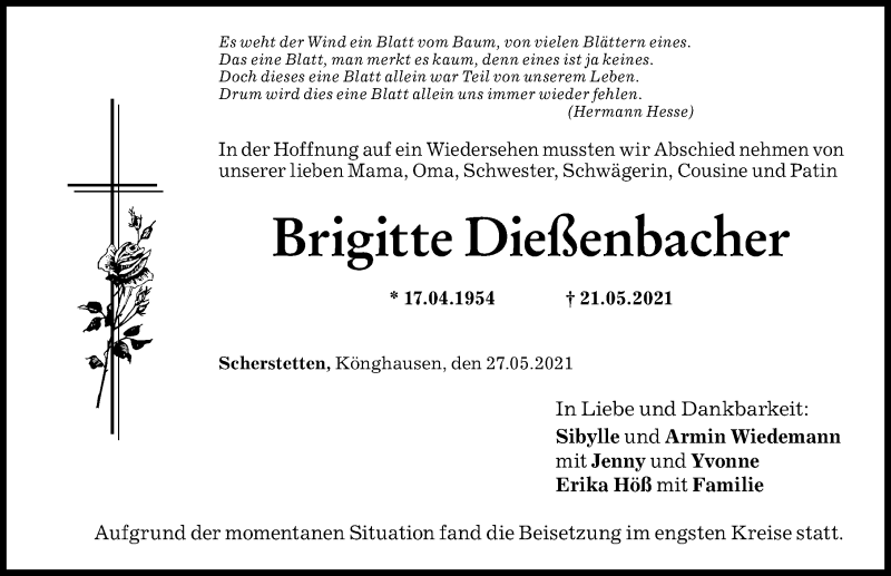 Traueranzeige von Brigitte Dießenbacher von Mindelheimer Zeitung