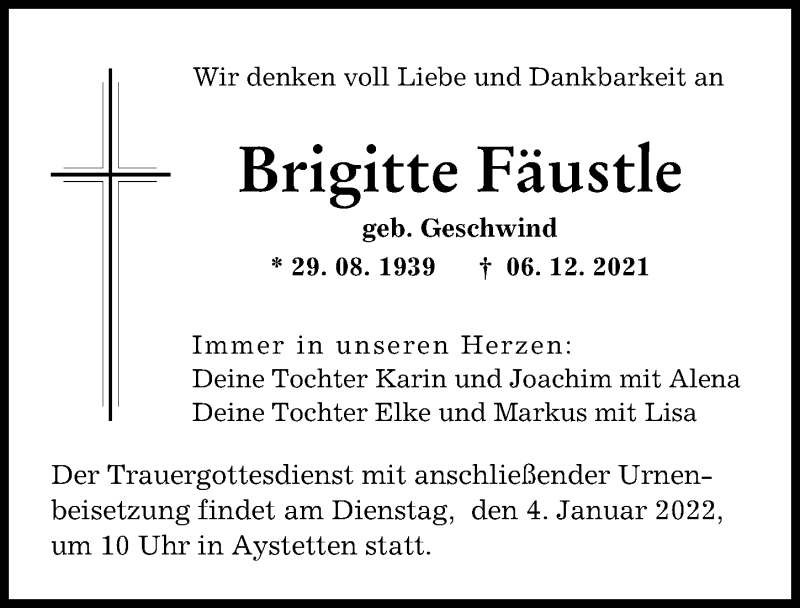 Traueranzeige von Brigitte Fäustle von Augsburger Allgemeine