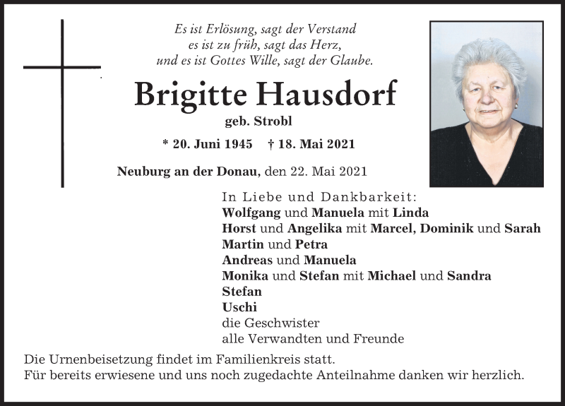 Traueranzeige von Brigitte Hausdorf von Neuburger Rundschau