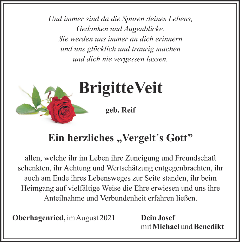 Traueranzeige von Brigitte Veit von Mittelschwäbische Nachrichten, Günzburger Zeitung