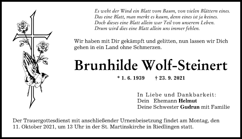  Traueranzeige für Brunhilde Wolf-Steinert vom 09.10.2021 aus Donauwörther Zeitung