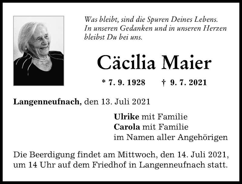 Traueranzeige von Cäcilia Maier von Augsburger Allgemeine