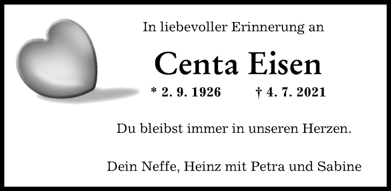 Traueranzeige von Centa Eisen von Augsburger Allgemeine