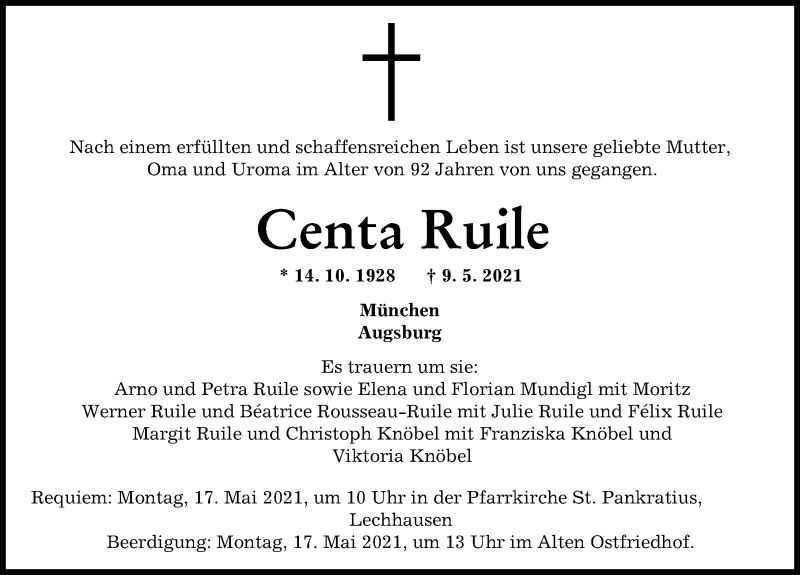 Traueranzeige von Centa Ruile von Augsburger Allgemeine