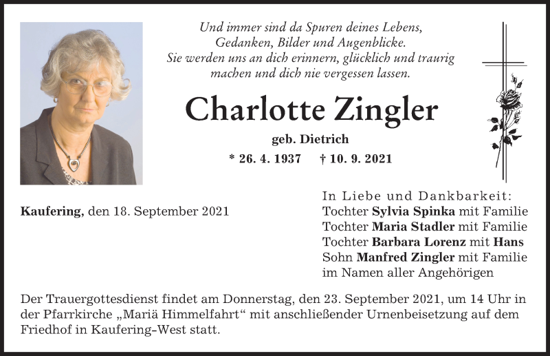  Traueranzeige für Charlotte Zingler vom 18.09.2021 aus Landsberger Tagblatt