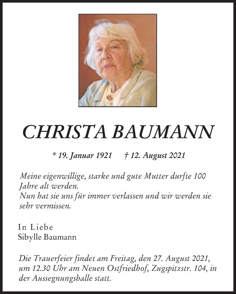 Traueranzeige von Christa Baumann von Augsburger Allgemeine