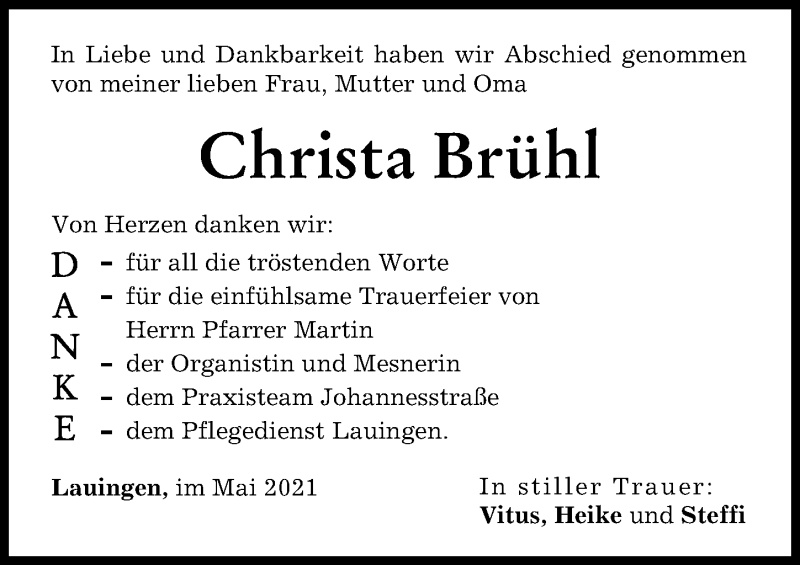 Traueranzeige von Christa Brühl von Donau Zeitung