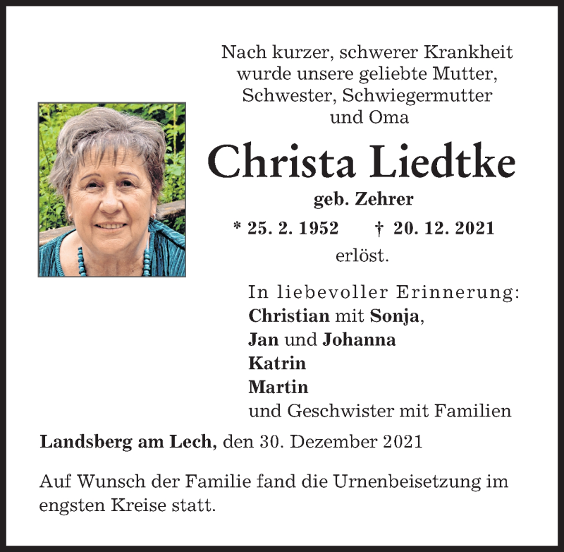 Traueranzeige von Christa Liedtke von Landsberger Tagblatt