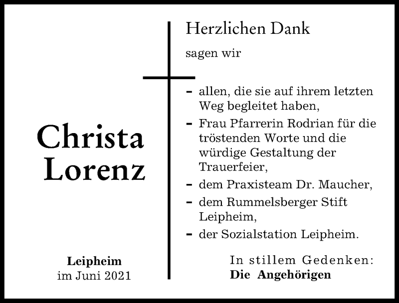 Traueranzeige von Christa Lorenz von Günzburger Zeitung