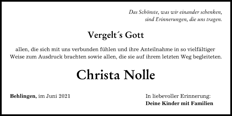 Traueranzeige von Christa Nolle von Mittelschwäbische Nachrichten