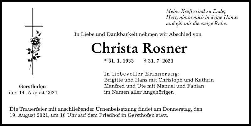 Traueranzeige von Christa Rosner von Augsburger Allgemeine