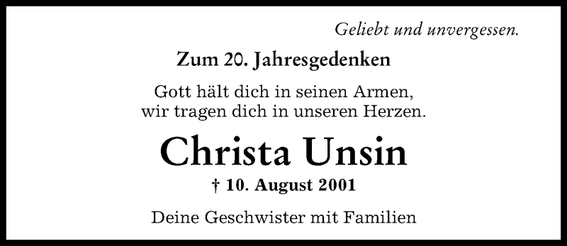 Traueranzeigen Von Christa Unsin Augsburger Allgemeine Zeitung 