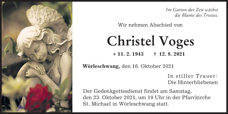 Traueranzeige von Christel Voges von Augsburger Allgemeine