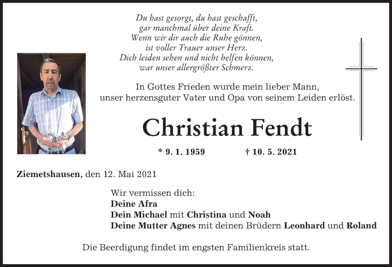 Traueranzeige von Christian Fendt von Mittelschwäbische Nachrichten