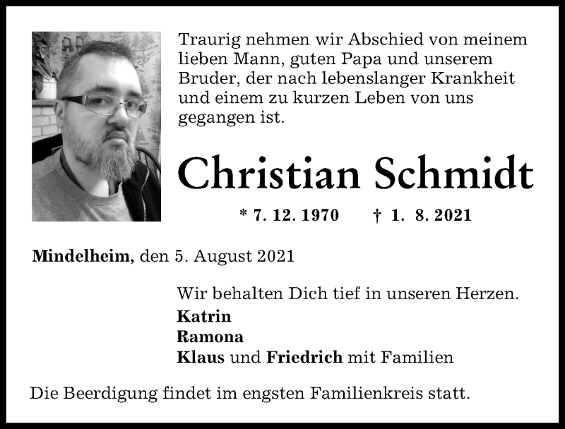 Traueranzeige von Christian Schmidt von Mindelheimer Zeitung