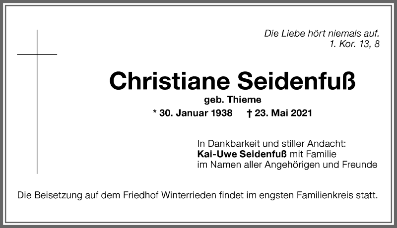 Traueranzeige von Christiane Seidenfuß von Memminger Zeitung