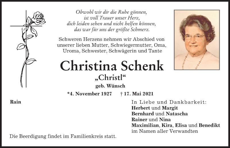 Traueranzeige von Christina Schenk von Donauwörther Zeitung