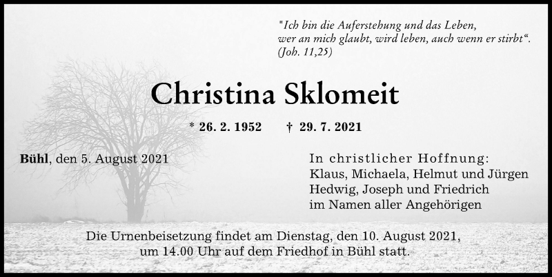 Traueranzeige von Christina Sklomeit von Günzburger Zeitung